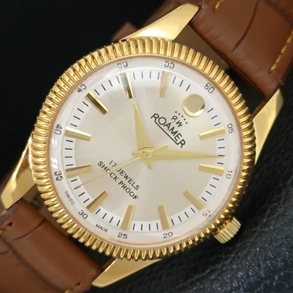 Vintage 1973 Roamer Manual Mens Gold Watch W/Leather Strap & Silver accents